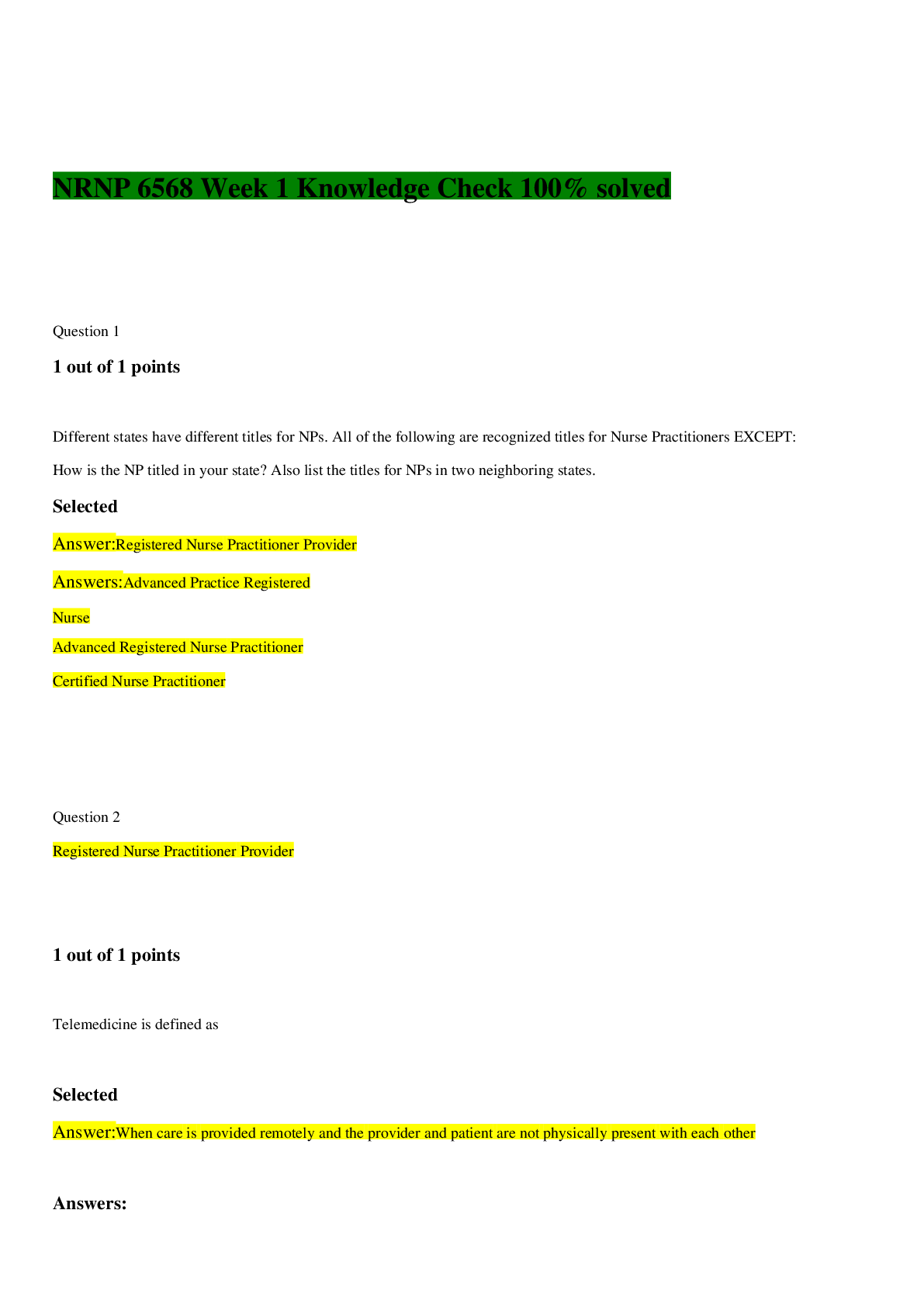 Preview image for NRNP 6568 Week 1 Knowledge Check 100% solved